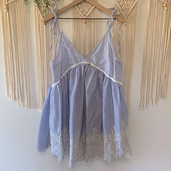 ASOS Tie Shoulder Striped Smocked Mini Sun Dress 100% Cotton Size 10 - Picture 2 of 11